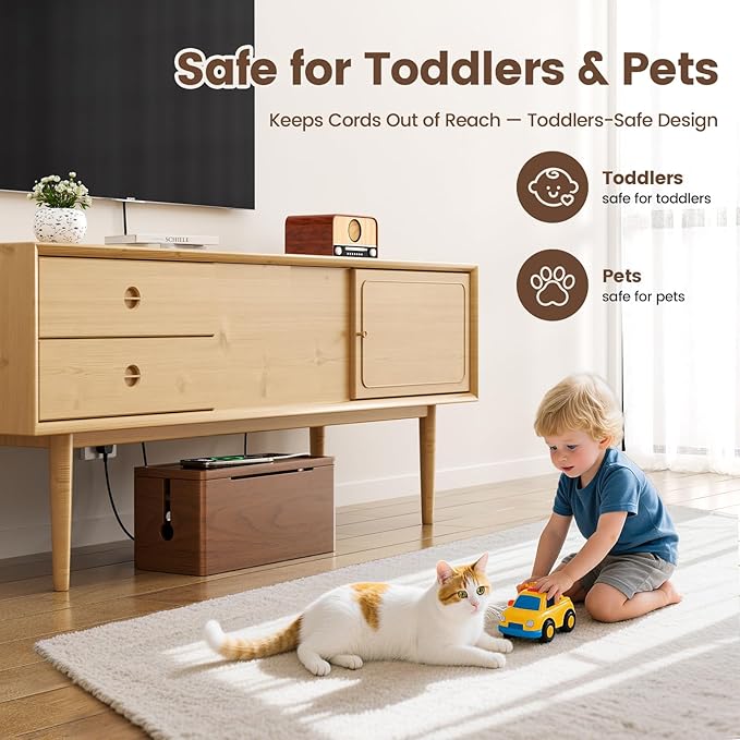 Extra Large Cable Management Box – Brown Double Layer Wooden Cord Organizer with Divider for Desk, TV Stand, Kitchen, and Office （NO Power Strips or Chargers）