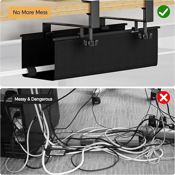 Under Desk Cable Management Tray 15.7" - No Drill Computer Wire Organizer Cable Tray, Cord Hider Clamp Mount with 16X Cable Ties PC Cables Management Cord Holder for Office/Home (Upgrade Fabric,Black)