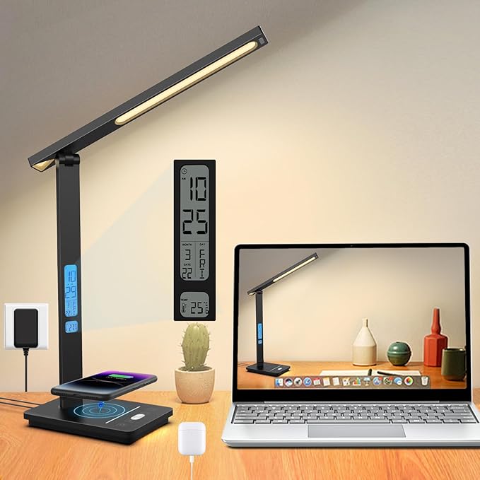 10 in 1 Smart Desk Lamp Led, Desk Light for Colleage Drom Room Office, Eye-Caring Table Lamp with Night Light, Lamp for Desk with 10W Wireless Charger, Dimmable Touch Lamp, Birthday Gifts for Women