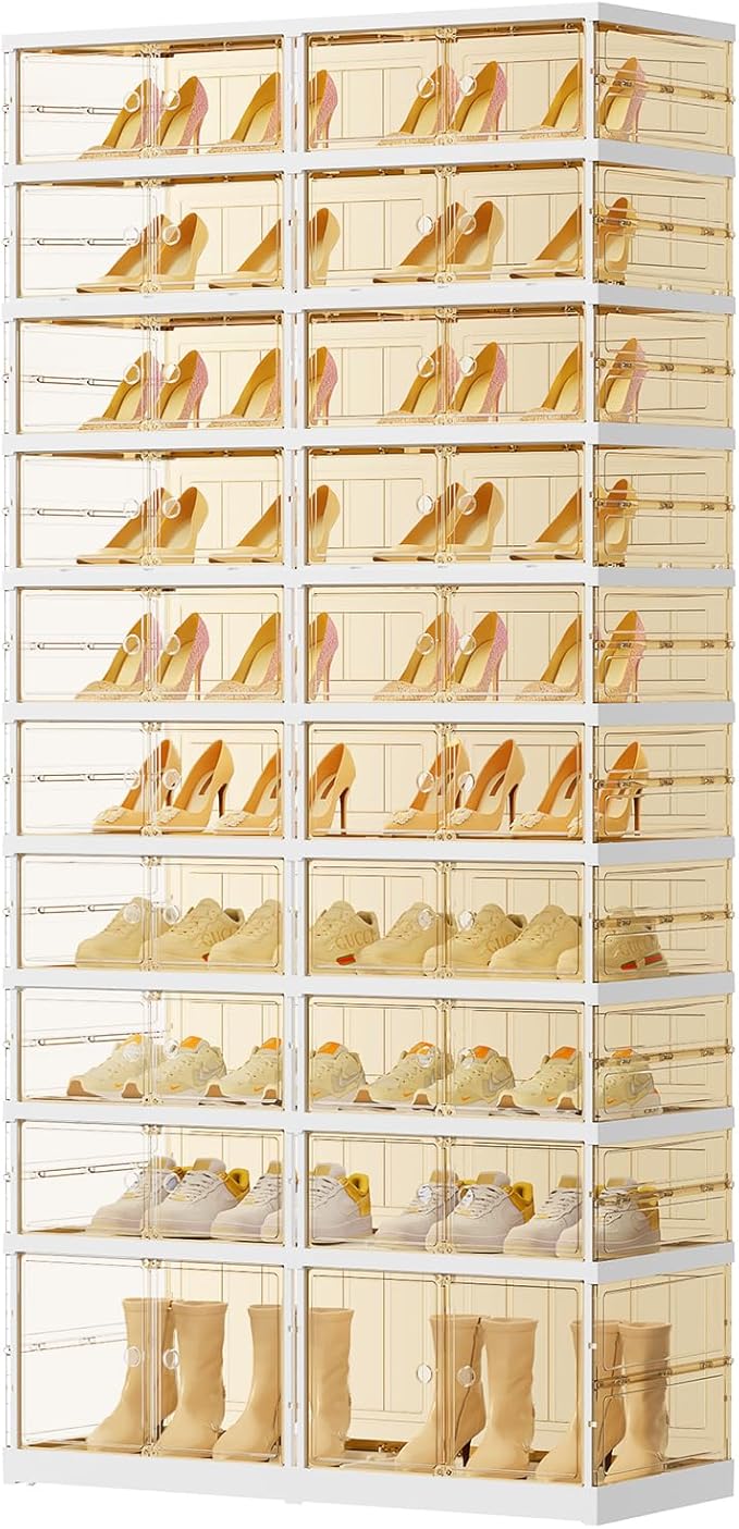 10 Tiers 20-40 Pairs Foldable Shoe Boxes Large Plastic Shoe Storage Rack Collapsible Shoe Organizer For Closet Tall Shoe Shelf Clear Stackable Shoes Cabinet with Doors Entryway