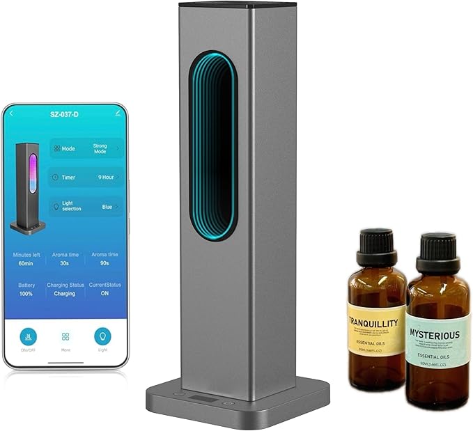Waterless Scent Diffuser with APP WiFi Control, Portable Rechargeable Wireless Essential Oil Diffuser, Aroma Coverage 2152 Sq.Ft,2 * 50ML Hotel Collection Oils,Colorful Light for Home Largeroom