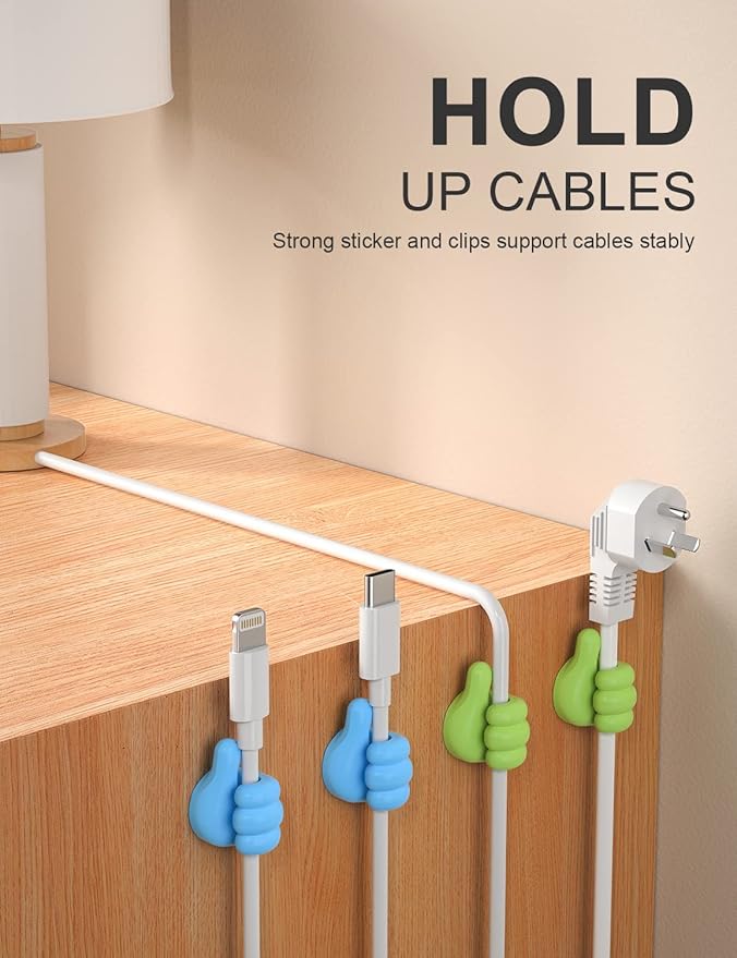 12Pcs Cable Clips, Fun Cord Holders, Silicone Thumb Wall Hooks, Cord Organizer for Desk Wall Car Nightstand, Cord Clips, Wire Holders, Phone USB Charger Cable Management, Key Hanger