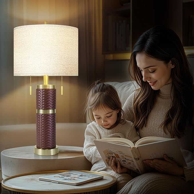 Woven Leather Table Lamps Set of 2, Lamps for Night Stands, 25" Bedside Lamps with USB A+C Ports, Linen Shade, Modern Table Lamps for Bedroom Living Room Office Reading(Bulb Included)