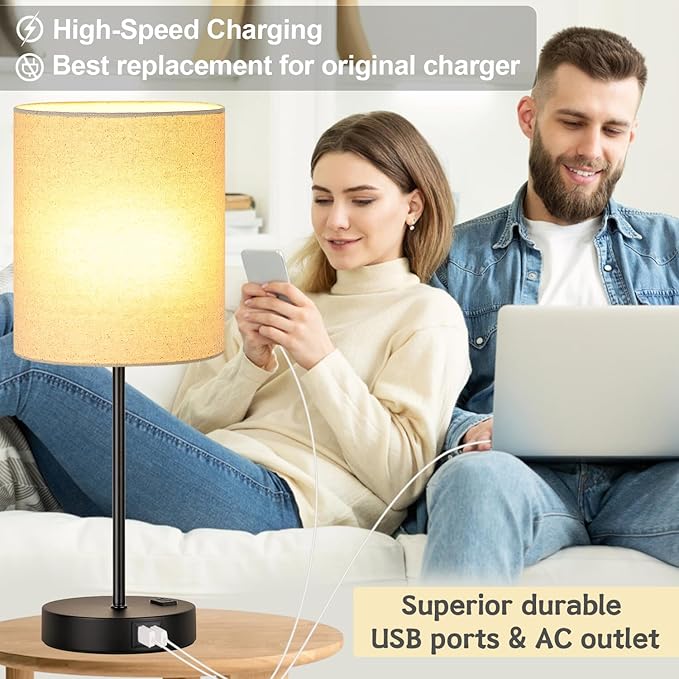 【Upgraded】Set of 2 Touch Beige Table Lamps with 2 USB Ports & AC Outlet, 3-Way Dimmable Bedside Nightstand Lamps for Living Room Nursery Office Bedroom, 800 Lumens 2700K Warm Bulbs Included