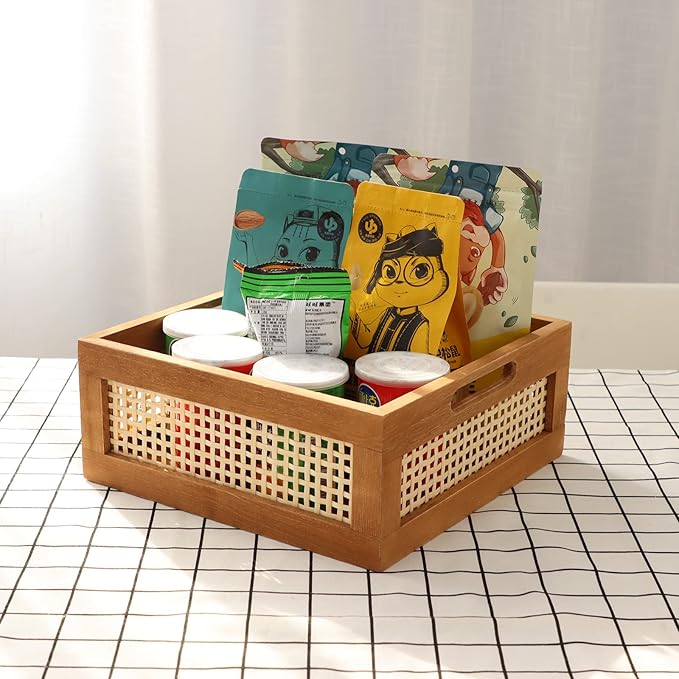 YAHUAN Woven Wooden Storage Crate Box, Decorative Rustic Bamboo Basket With Built-In Handles for Kitchen Pantry, Cabinet, Office, Bedroom, Country Decor (Brown)