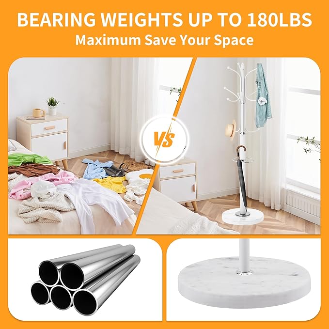 ZOZOE Metal Coat Rack Stand, Modern Coat Rack Freestanding with Natural Marble Base, Sturdy Coat Racks with 12 Hooks & Umbrella Holder,White Coat Tree Hanger Stand for Bags,Hats,Entryway,Office
