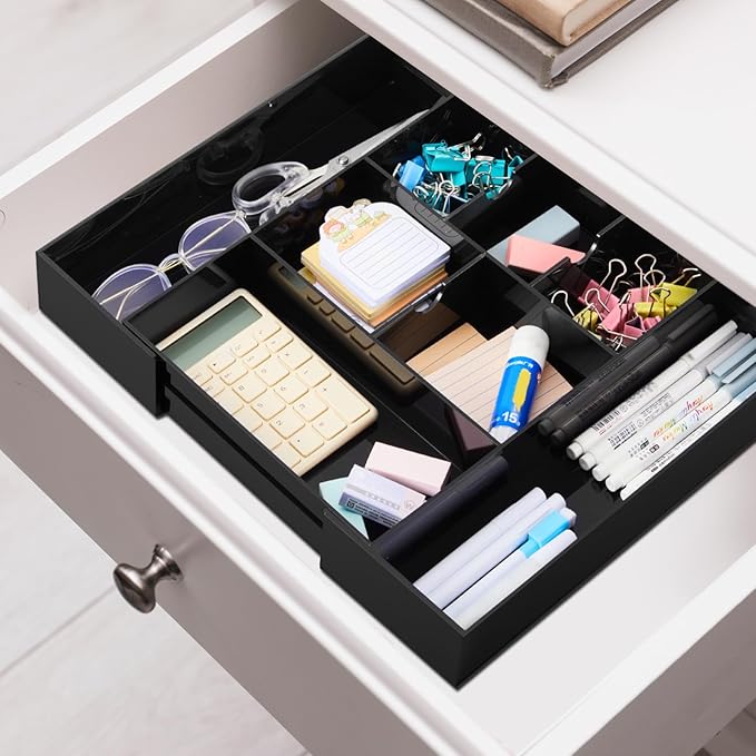 1 PC Acrylic Desk Drawer Organizer 2 Inch Height Expandable Drawer Organizer Trays with 8 Adjustable Compartments Desk Accessories for Makeup Silverware Office Bathroom(Black,Classic)