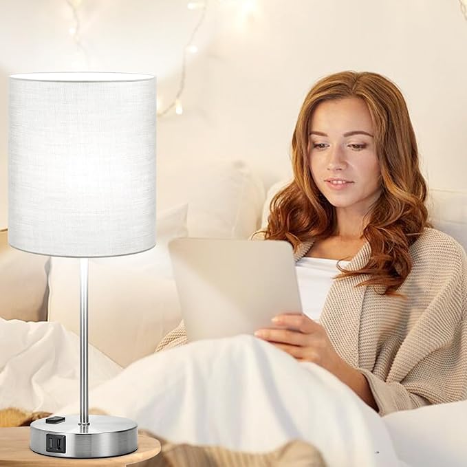 𝟮𝟬𝟮𝟯 𝗡𝗘𝗪 Set of 2 Touch Grey Table Lamps with 2 USB Ports & AC Outlet, 3-Way Dimmable Bedside Nightstand Lamps for Bedroom Living Room Nursery, 800 Lumens 5000K Daylight Bulbs Included