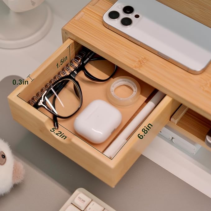 Bamboo Monitor Stand Riser with Drawer, Ergonomic Computer Riser for Desk with Cable Management & Storage Organizer, Wood Monitor Stand for Home Office
