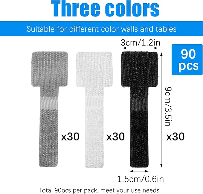 90 Pcs Hook and Loop Cable Straps, Self Adhesive Cable Management Under Desk, Reusable Desk Wire Organizer, Adjustable Cables Management Ties for Home Office Essentials (Black White Gray)