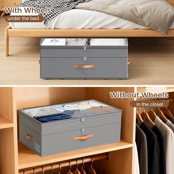 Under Bed Storage with Wheels, 2-Pack Underbed Storage Containers, No Assemble 11 inches 90L XXL Large Adjustable Storage Bins with Clear Lids, Rolling Storage for Clothes, Shoes, Blankets, Gray