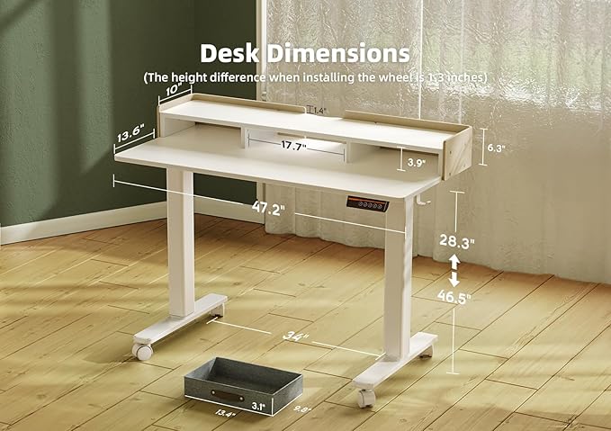 YDN Electric Standing Desk with Drawers, Adjustable Height Stand Up Desk, 48 inch Electric Sit Stand Computer Desk for Home Office, White
