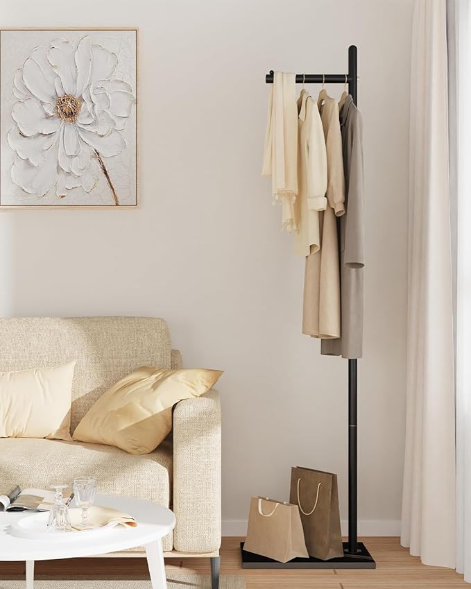 Yawinhe Metal Coat Rack, Coat Tree with Rock Base,L Shaped Freestanding Hall Tree, Clothes Hanger Stand Suitable for Bedroom, Hallway, Entrance,68.5 Inches High,Black,USMJ101B