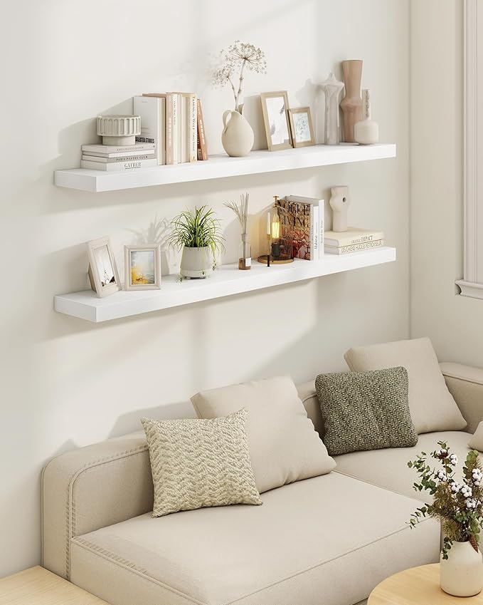 Marsmiles 72" Floating Shelves for Wall, Wooden Shelves with Invisible Brackets Set of 2, Rustic Farmhouse Wall Mounted Shelf for Kitchen Bathroom Living Room Study, White