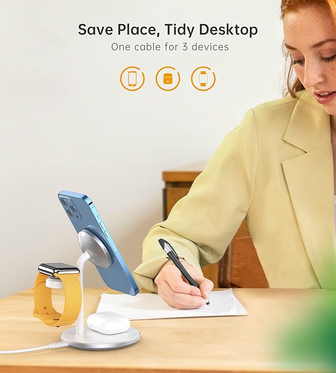 XooFly 3 in 1 Wireless Charging Station for Apple Devices, 15W Fast Wireless Mag-Safe Charger Stand with 20W Adapter for iPhone 17 16 15 14 13 12 Pro Max/Air/Plus/Pro/Mini,iWatch,AirPods (White)