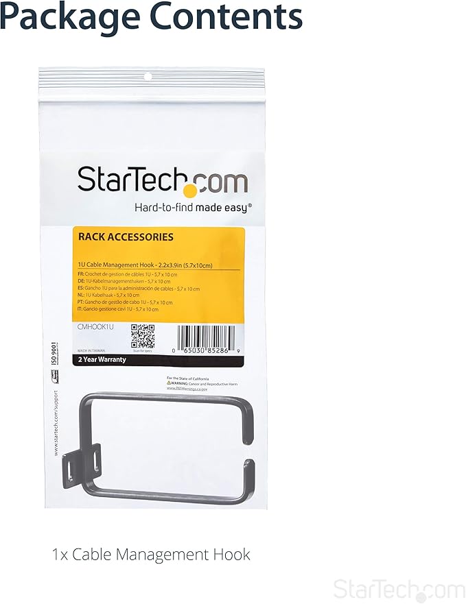 StarTech.com 1U Vertical 2.2 x 3.9in Server Rack Cable Management D-Ring Hook w/Flexible Opening - Network Rack-Mount Cord Organizer Ring (CMHOOK1U),Black (Pack of 2)