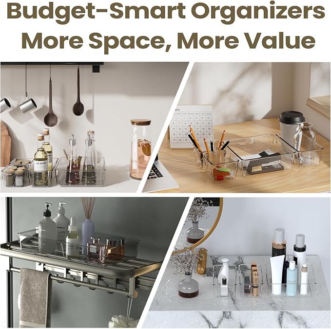 10 PCS Clear Plastic Drawer Organizer Set, 4 Sizes Acrylic Drawer Storage Trays Non Slip Storage Bins for Makeup, Jewelry, Gadgets for Kitchen, Bedroom, Bathroom, Office