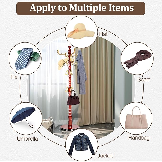 Wooden Coat Rack Freestanding, Vintage Solid Coat Hanger Stand 14 Hooks, Coat Tree Adjustable Height 73", Round Base, Coat Racks free standing (Begonia)