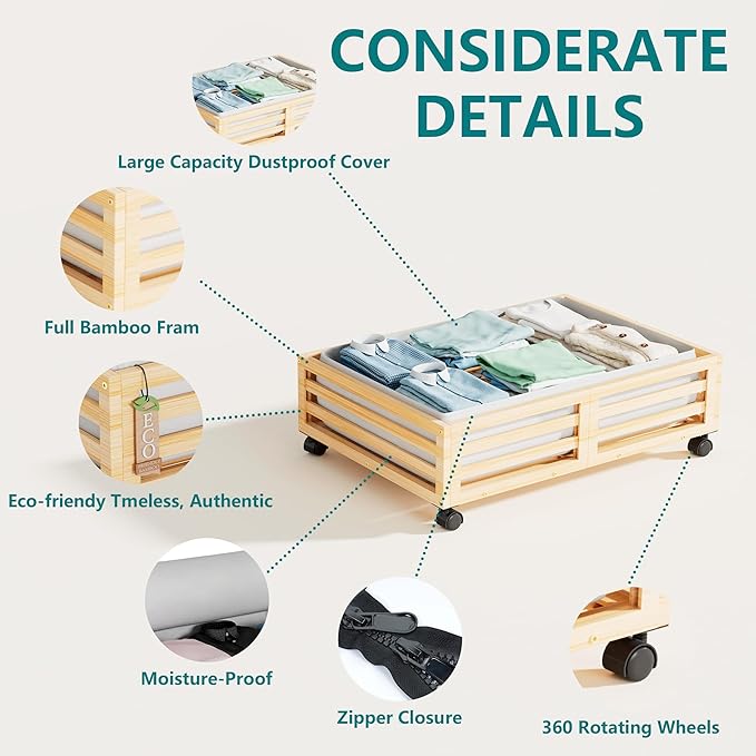 Wisuce Bamboo Under Bed Storage Containers- Underbed Organizer with Wheels with Large Dust Bag,Sturdy Wood Rolling Under the Bed Shoe Storage Organizer Drawer 2 Packs (Nature, Small)