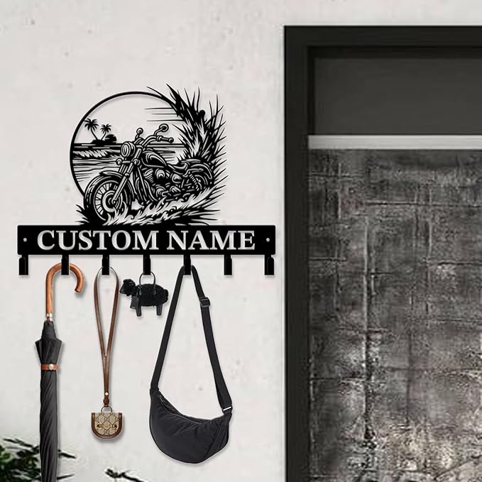 Custom Motorcycle Garage Metal Wall Hooks,Key Holder-Personalized Iron Wall Decor for Keys, Coats & Home(Black, Handmade,Decorative,Entryway, Bedroom,Man Cave) (Style H)