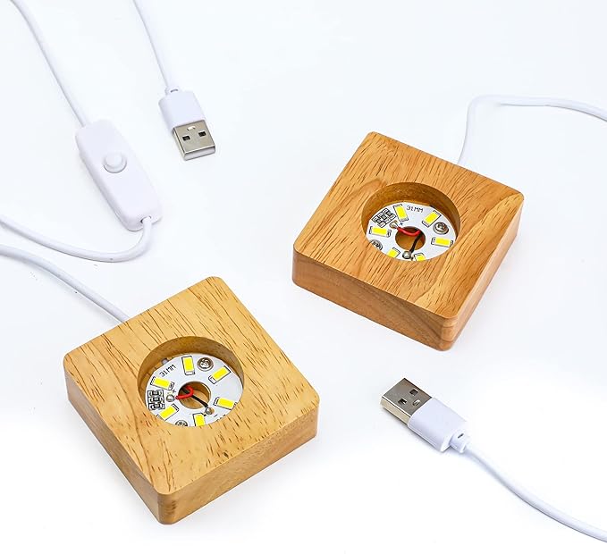 ZEERSHEE Pack 2 Wooden LED Light Display Base 2.3in Crystal Glass Light Base Stand Wood LED Display Stand for 3D Crystal Laser Glass Resin Art Warm Light Square USB Only