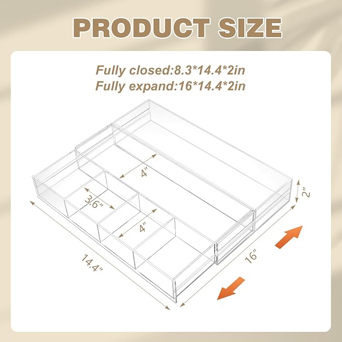 1 PC Acrylic Desk Drawer Organizer 2 Inch Height Expandable Drawer Organizer Trays with 8 Adjustable Compartments Desk Accessories for Makeup Silverware Office Bathroom(Clear,Stylish)