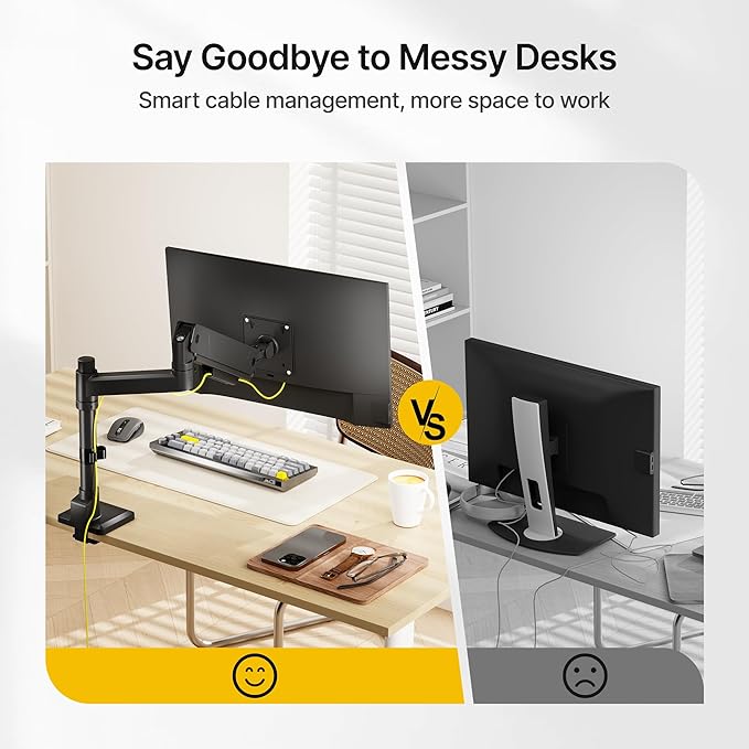 monTEK Tall Single Monitor Arm for 17 to 45 Inch Curved Screen Adjustable Upgraded Heavy Duty Ultrawide Monitor Arm Holds 35 Lbs Cable Management with C Clamp, Grommet Base, VESA 75/100mm, MA1007PBK