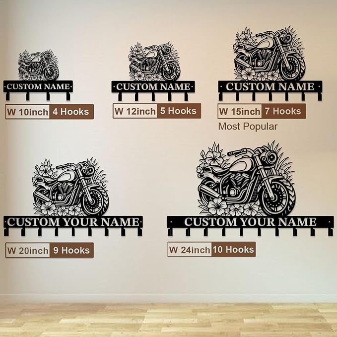 Custom Motorcycle Garage Metal Wall Hooks,Key Holder-Personalized Iron Wall Decor for Keys, Coats & Home (Black, Handmade,Decorative,Entryway, Bedroom,Man Cave) (Style C)