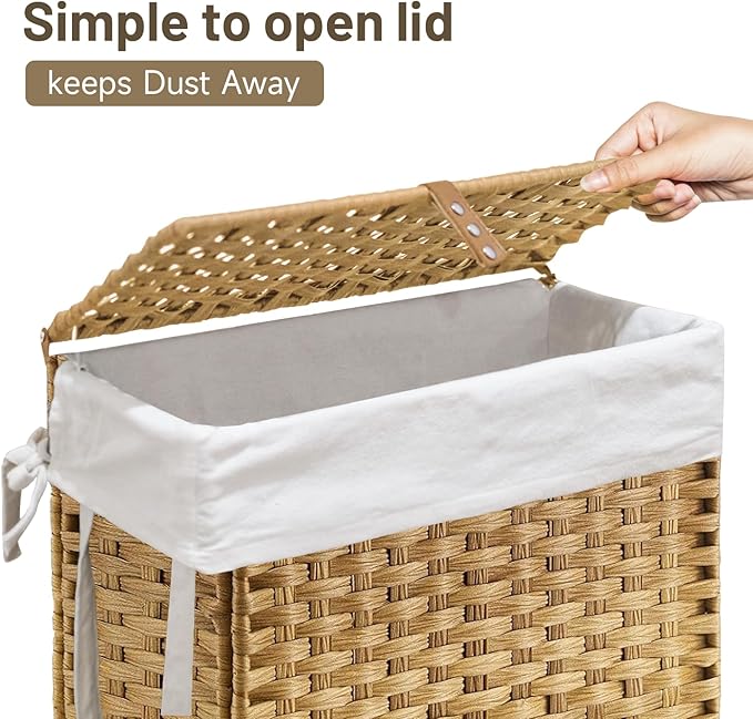 70L Slim Laundry Hamper with Lid & Wheels, 2-Park Rolling Laundry Basket with 4 Removable Liner Bags & 3 Mesh Bags, Narrow Dirty Clothes Basket, Foldable Handwoven Rattan Laundry Sorter, Natural