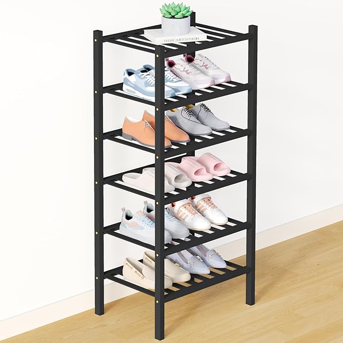 Smiry Bamboo Shoe Rack for Closet, 6 Tier Small Wooden Stackable Shoe Organizer, Free Standing Shoes Storage Shelf for Entryway, Front Door Entrance, Black