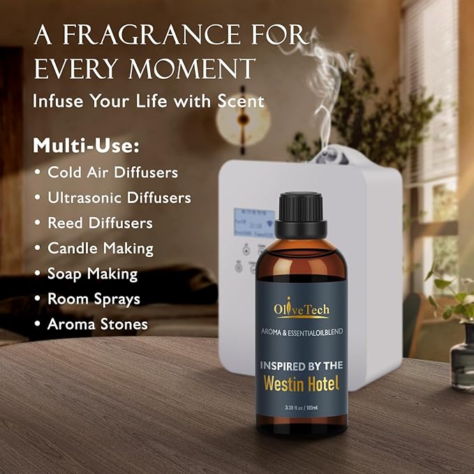 Hotel Diffuser Oil Inspired by Westin Hotel Scent, OliveTech Aromatherapy Fragrance Oil for Cold Air & Ultrasonic Diffusers, 100ml / 3.38 ft oz Glass Bottle