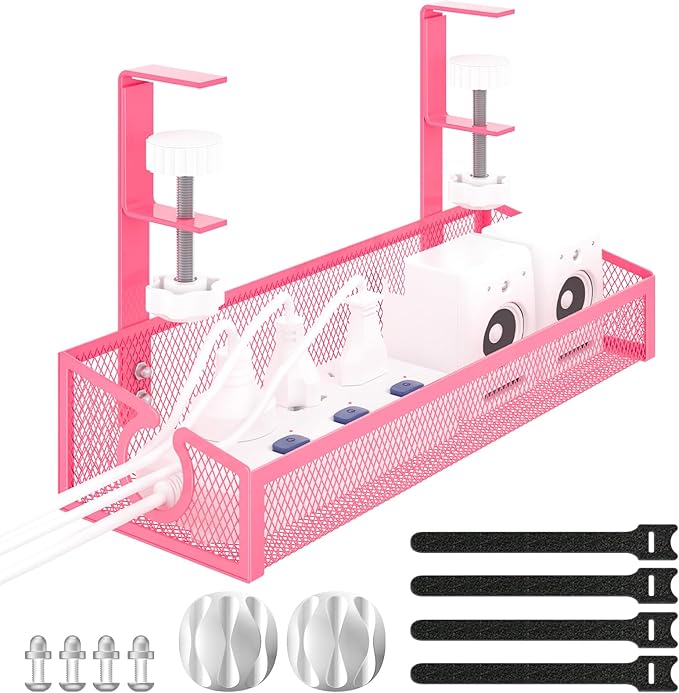 Under Desk Cable Management Tray Black, No Drill Desk Cable Wire Management Organizer with Clamp, PC Cord Organizer Accessories & Workspace for Office, Home（Pink）