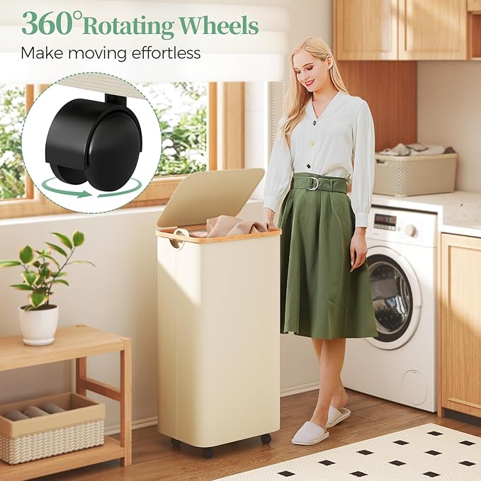 Yecaye 100L Large Capacity Laundry Hamper – Foldable Rolling Laundry Basket, Mobile Clothes Hamper with Wheels, Removable Inner Bag, Bamboo Handle Lid Laundry Bin – Multi-Use Storage,Beige