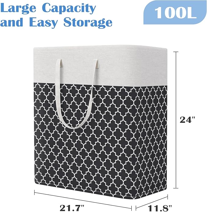 BlissTotes 3-Pack Laundry Basket, Freestanding＆Waterproof Laundry Hamper, Collapsible Tall Clothes Hamper with Easy Carry Handles for Clothes, Towels in the Family and Dorm,Clover Black,100L