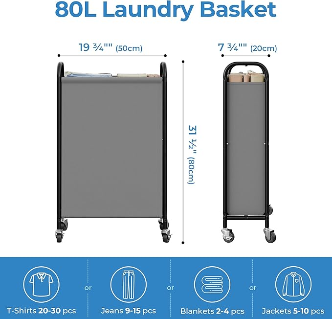 GRANNY SAYS 80L Slim Laundry Hamper with Wheels, Fabric Rolling Laundry Basket, Narrow Clothes Organizer, Tall Hamper for Closet, Laundry Room, Bathroom, Grey