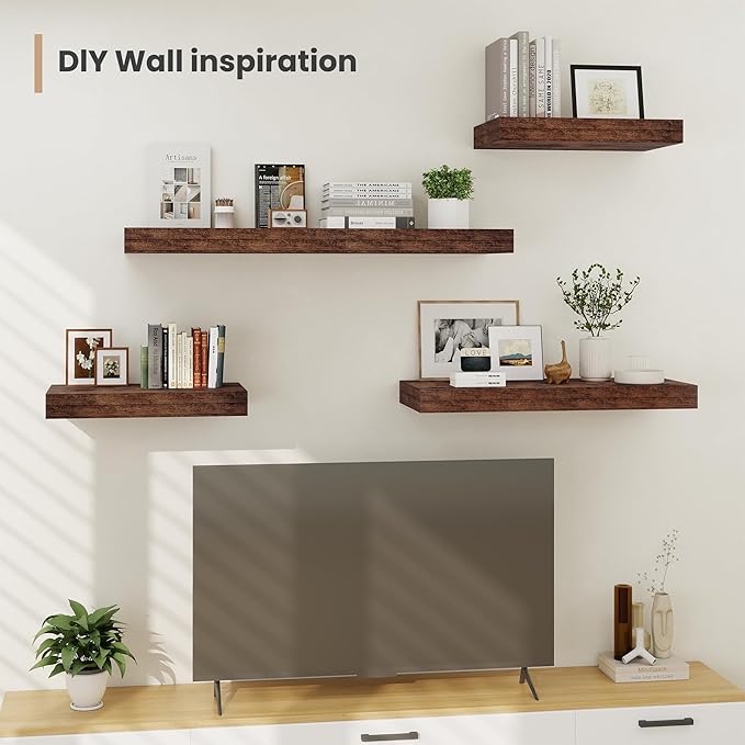 Heimlove 24 x 12 Inch Deep Floating Shelves Wall Mounted with Invisible Brackets,Storage Hanging Shelf for Wall Decor in Bathroom, Bedroom, Kitchen, Living Room, Office Set of 2 (Rustic Brown)