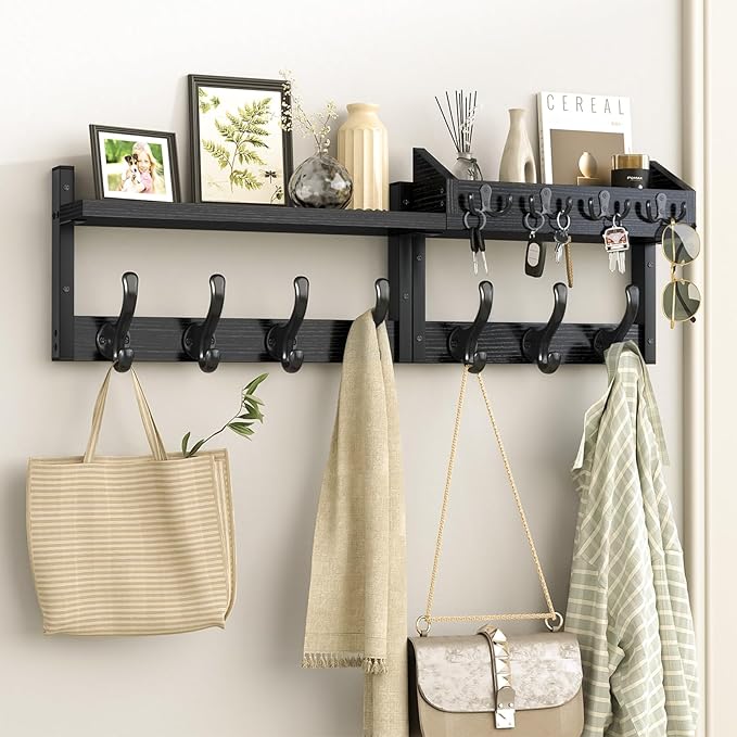 Evermagin 29" Coat Rack Wall Mount with Shelf, 4 in 1 Coat and Key Hanger with 11 Metal Hooks, Entryway Wall Mounted Shelf with Mail Holder for Living Room, Bedroom, Black