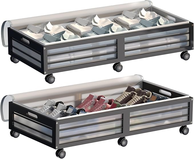 Under Bed Storage Containers with Wheels, Larger Bamboo Wood Under Furniture Storage Containers with Dust Bags，Rolling for Shoes Clothes