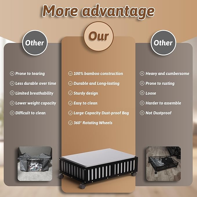 Bamboo Under Bed Storage Containers with Wheels, Rolling Under the Bed Shoe Storage Bins, Wood Stackable Underbed Drawers with Bag Organizer for Bedroom Closet Clothing Sweater Under Crib Toy Black