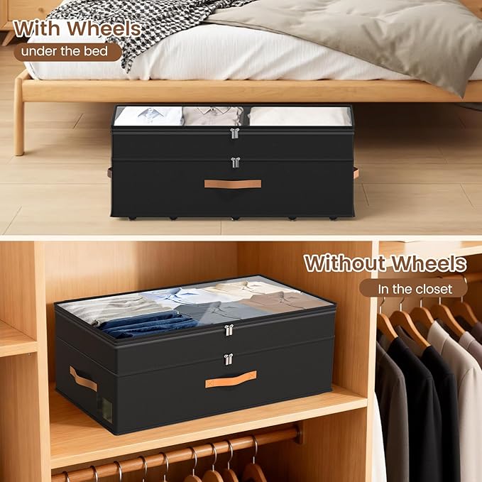 Under Bed Storage with Wheels, 2-Pack Underbed Storage Containers, No Assemble 11 inches 90L XXL Large Adjustable Storage Bins with Clear Lids, Rolling Storage for Clothes, Shoes, Blankets, Black
