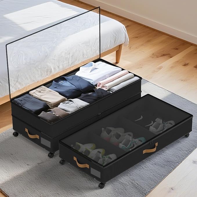 Under Bed Storage with Wheels 4-Pack, 75L XXL Under the Bed Storage Containers Large, 12" Tall Adjustable Storage for Underbed with Lids, Rolling for Shoes, Clothes, Blankets (4PCS-Black)