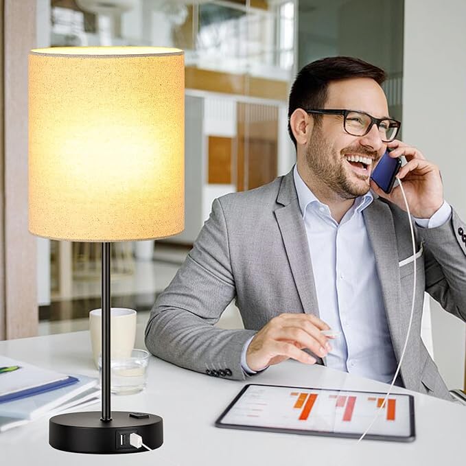 【Upgraded】Set of 2 Touch Beige Table Lamps with 2 USB Ports & AC Outlet, 3-Way Dimmable Bedside Nightstand Lamps for Living Room Nursery Office Bedroom, 800 Lumens 2700K Warm Bulbs Included