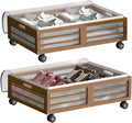 Under Bed Storage Containers with Wheels, Larger Bamboo Wood Under Furniture Storage Containers with Dust Bags，Rolling for Shoes Clothes