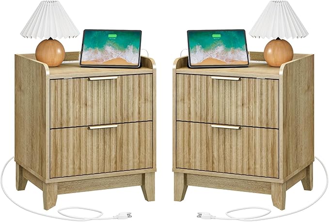Wnutrees Fluted Nightstand with Charging Station, Modern Bedside Table with 2 Drawers, Farmhouse Wooden End Side Table for Living Room, 2Pack, Natural
