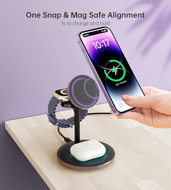 XooFly 3 in 1 Wireless Charging Station for Apple Devices, Fast Wireless Mag-Safe Charger Stand with 20W Adapter for iPhone 17/16 15 14 13 12 Pro Max/Pro/Plus/Air/Mini, iWatch, AirPods(Dark Purple)