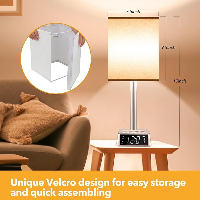 Yostyle Table Lamp Bedside Lamp with 4 USB Ports and AC Power Outlets, Alarm Clock Base w/ 5Ft Extension Cord, Square Oatmeal Fabric Lampshade Modern Accent Nightstand Lamps for Bedrooms Living Room