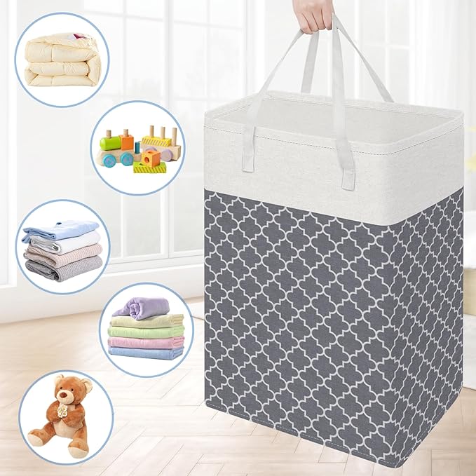 BlissTotes 3-Pack Laundry Basket, Freestanding＆Waterproof Laundry Hamper, Collapsible Tall Clothes Hamper with Easy Carry Handles for Clothes, Towels in the Family and Dorm,Clover Grey,88L