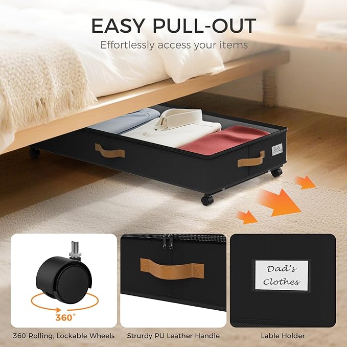 Under Bed Storage with Wheels 4-Pack, 75L XXL Under the Bed Storage Containers Large, 12" Tall Adjustable Storage for Underbed with Lids, Rolling for Shoes, Clothes, Blankets (4PCS-Black)