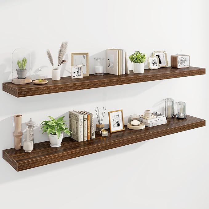 Marsmiles 72" Floating Shelves for Wall, Wooden Shelves with Invisible Brackets Set of 2, Rustic Farmhouse Wall Mounted Shelf for Kitchen Bathroom Living Room Study, Walnut