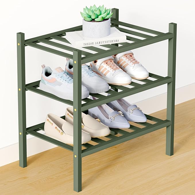 Smiry Bamboo Shoe Rack for Closet, 3 Tier Small Wooden Stackable Shoe Organizer, Free Standing Shoes Storage Shelf for Entryway, Front Door Entrance, Green